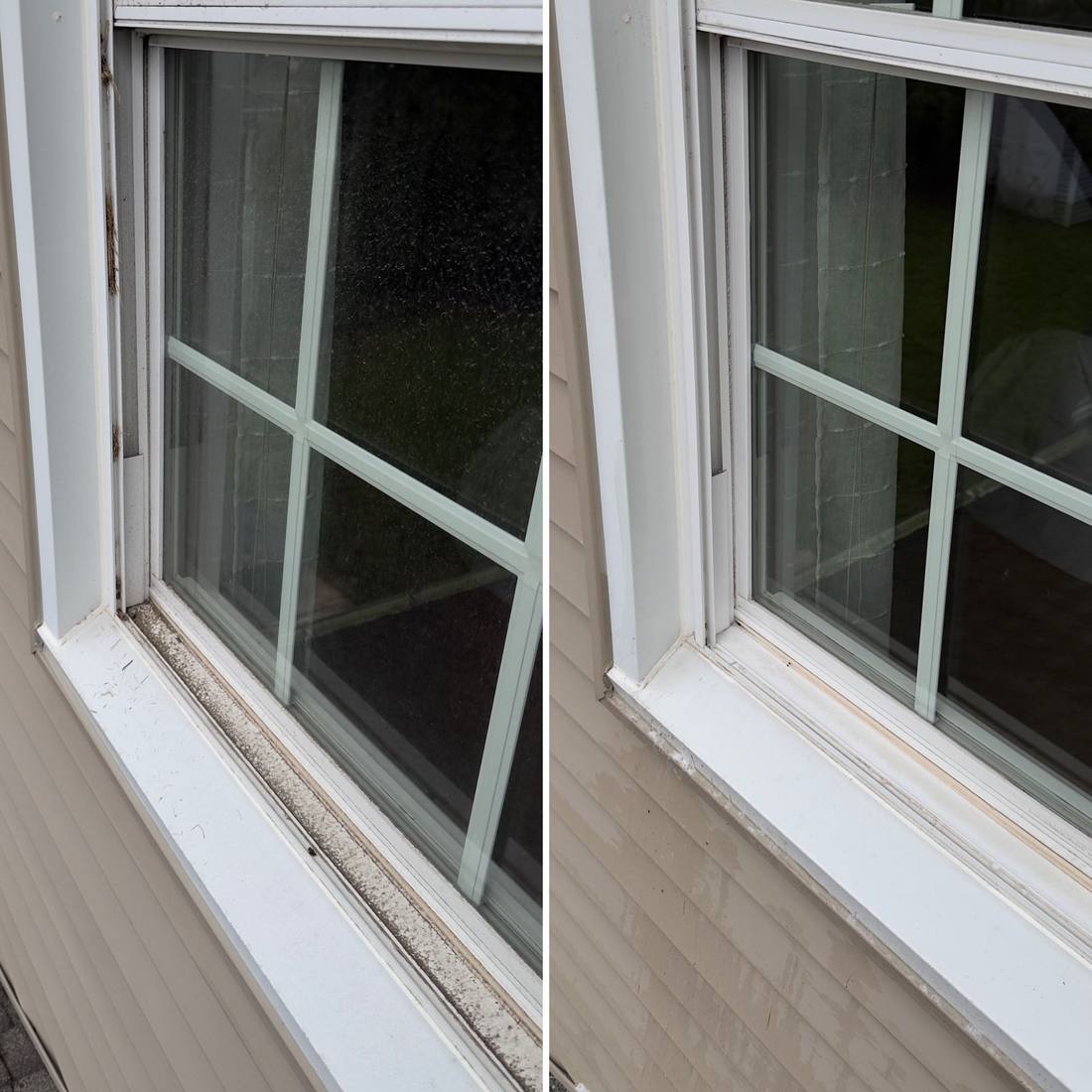 Before and after: glass, frame and sill cleaned on the outside